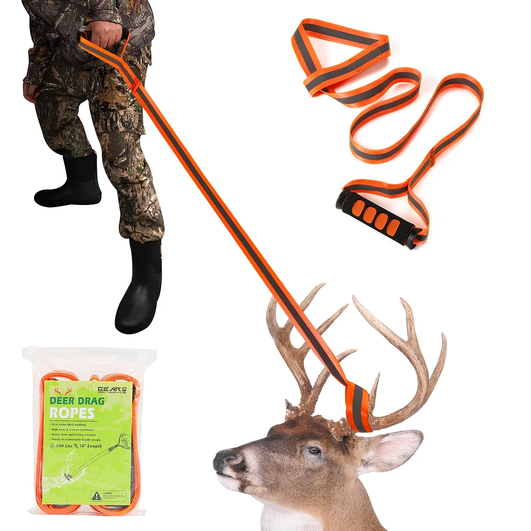 GearOZ Deer Drag Ropes with Harness, 2PCS Durable Deer Hunting Pull Strap 60" Reflective Orange Strap with Sturdy Handle, Easy to Use Deer Hunting Gift for Hunter/Men, Ideal Hunting Gear Accessories