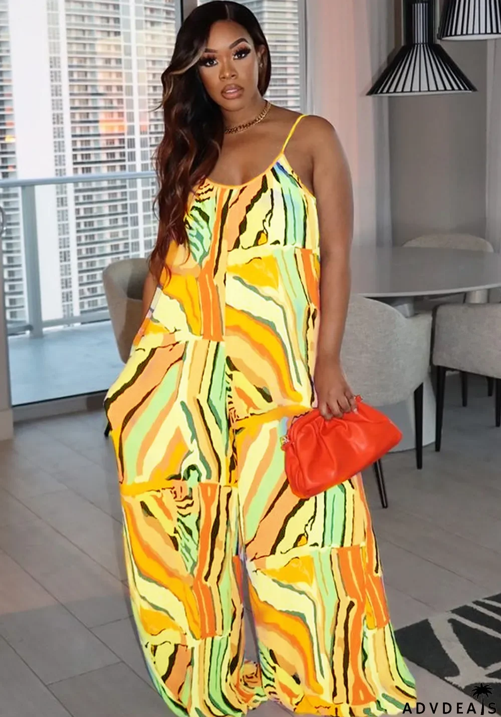 Women Summer Yellow Casual Strap Sleeveless Tie Dye Pockets Full Length Jumpsuit
