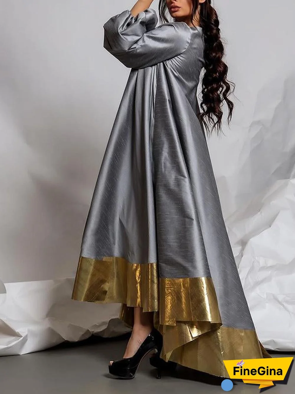 Gray Bubble Sleeve Loose Maxi Dress