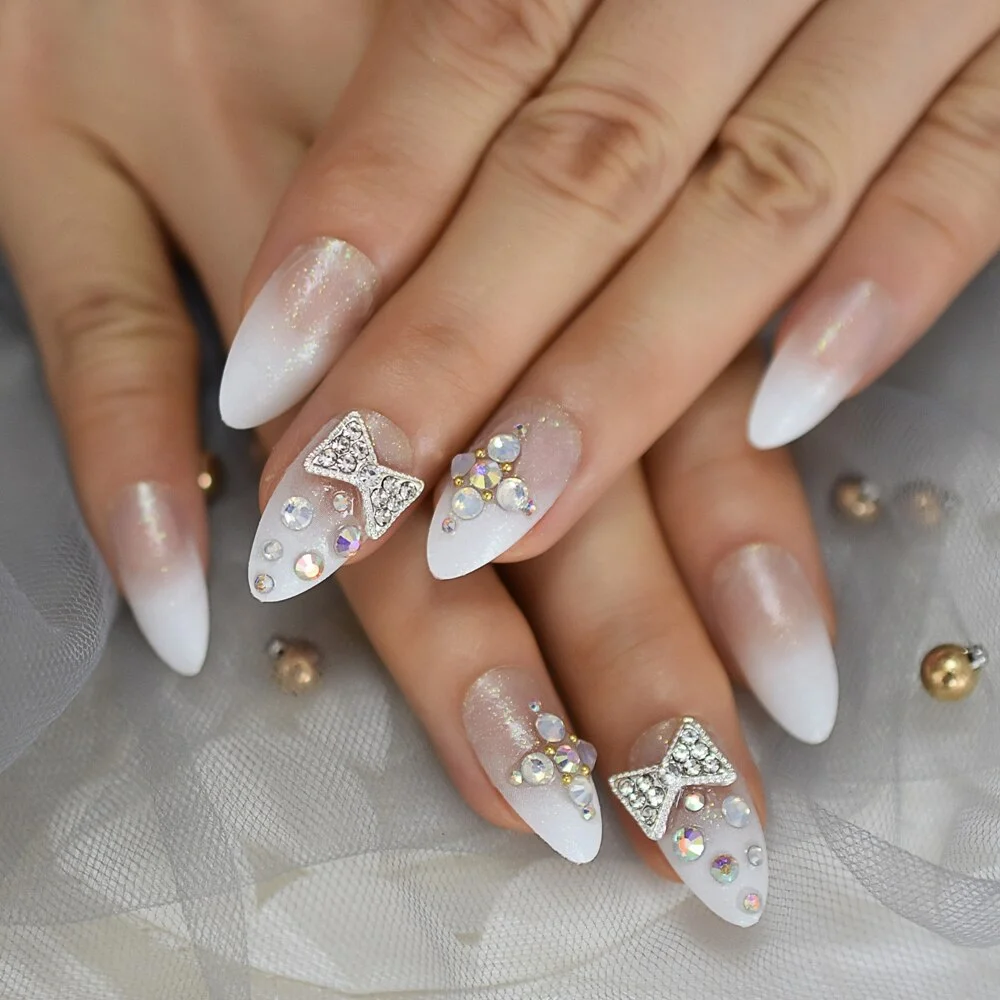 Ombre Glitter Faux Ongles White French Tips Stiletto Custom Deisgner False Nails with Rhinestones Bowknot Decoration-Nail Inspo