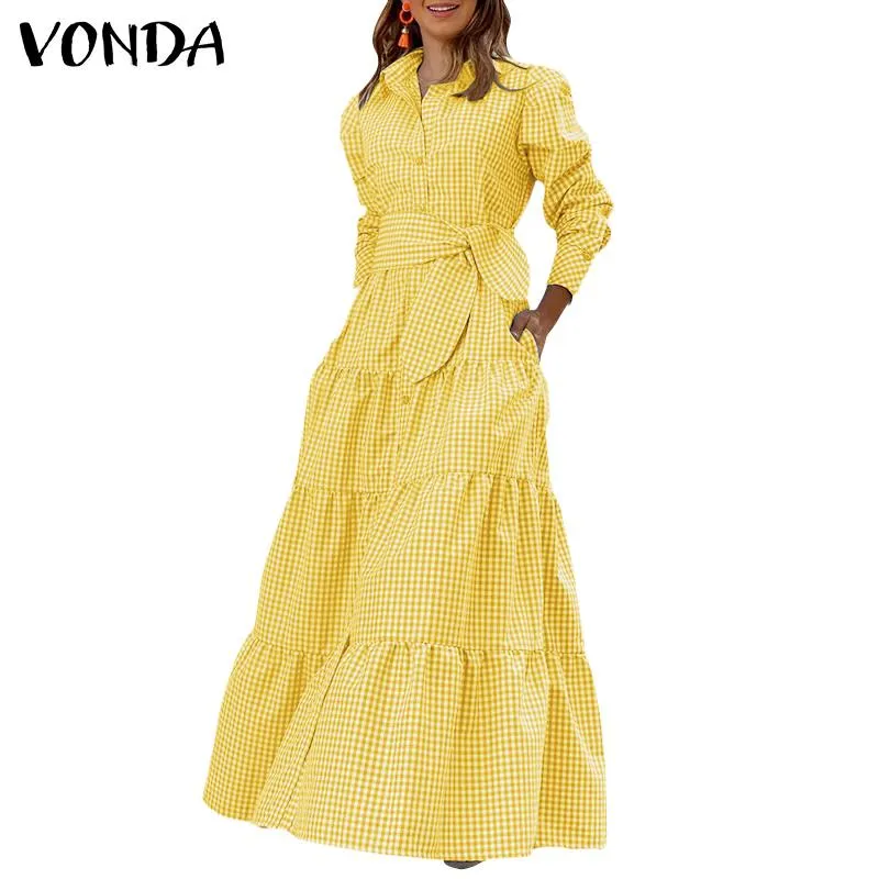 2022 Summer Bohemian Plaid Shirt Dress VONDA Women Long Sleeve Party Dresses Casual Lapel Button Vintage Belted Pockets Sundress