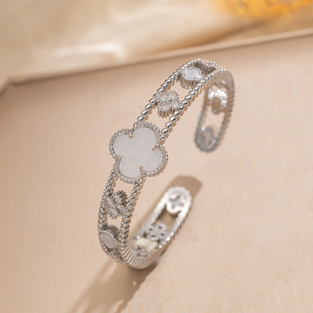 Personalized Trendy Micro-Inlaid Zircon Mother-Of-Pearl Flower Hollow Open Bracelet Versatile Women