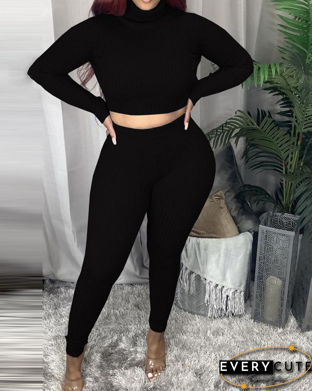 Ribbed High Neck Crop Top & Pants Set