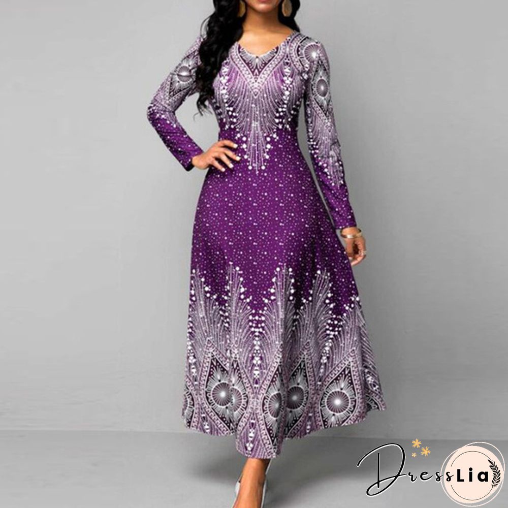 V-neck Retro Print Long-sleeved Dress Spring and Autumn Women's Clothing