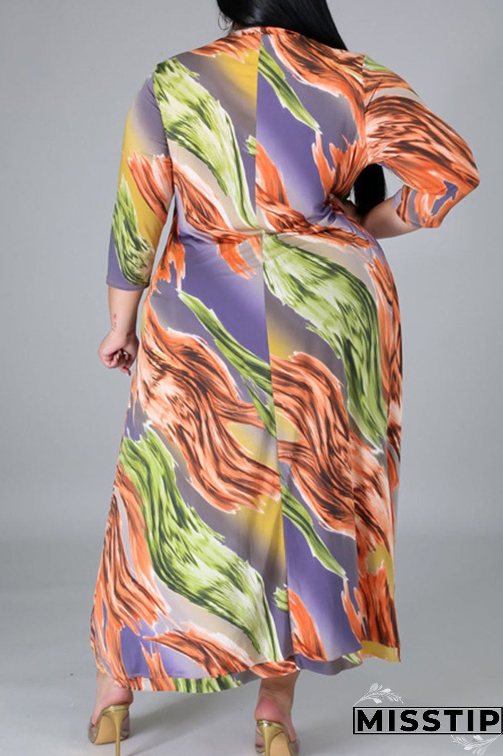 Deep Coffee Casual Print Patchwork Asymmetrical O Neck Irregular Dress Plus Size Dresses