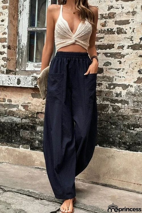 Resort Casual Elastic Waist Loose Trousers