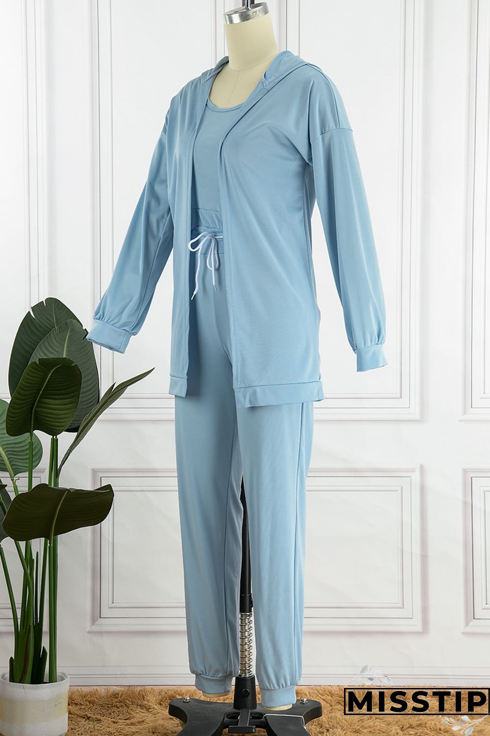 Blue Casual Solid Basic U Neck Long Sleeve Two Pieces