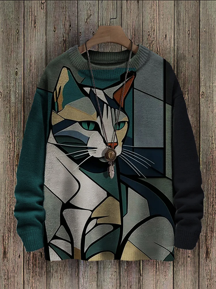 Men's Cat Colorblock Geometric Art Cozy Sweater