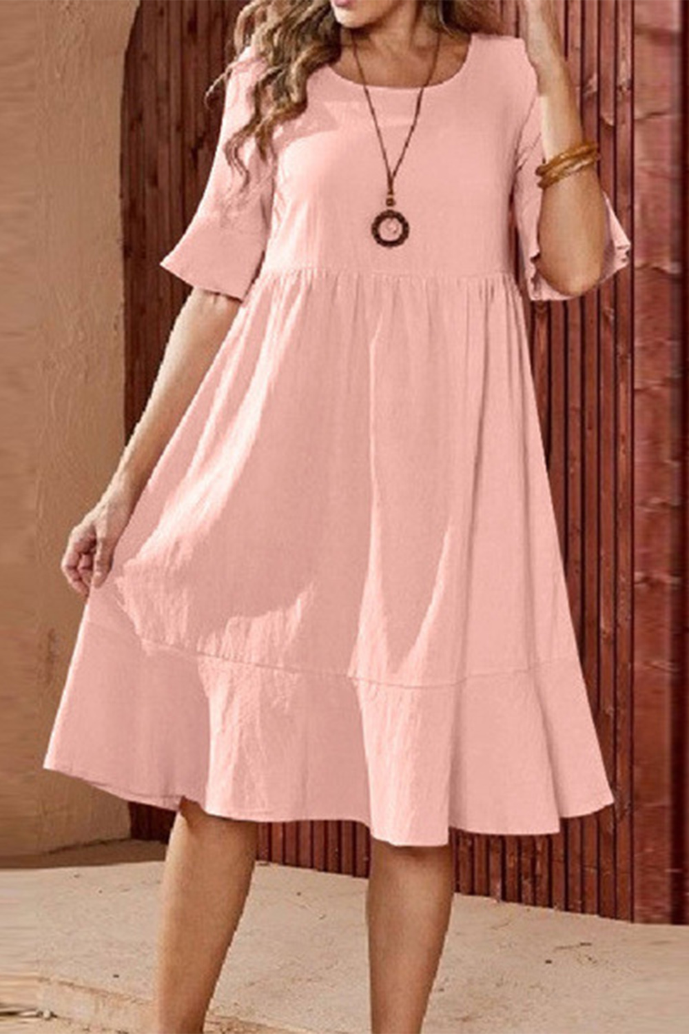 Plus Size Everyday Army Green Cotton And Linen Flare Sleeve Midi Dress 2024 - Flycurvy 