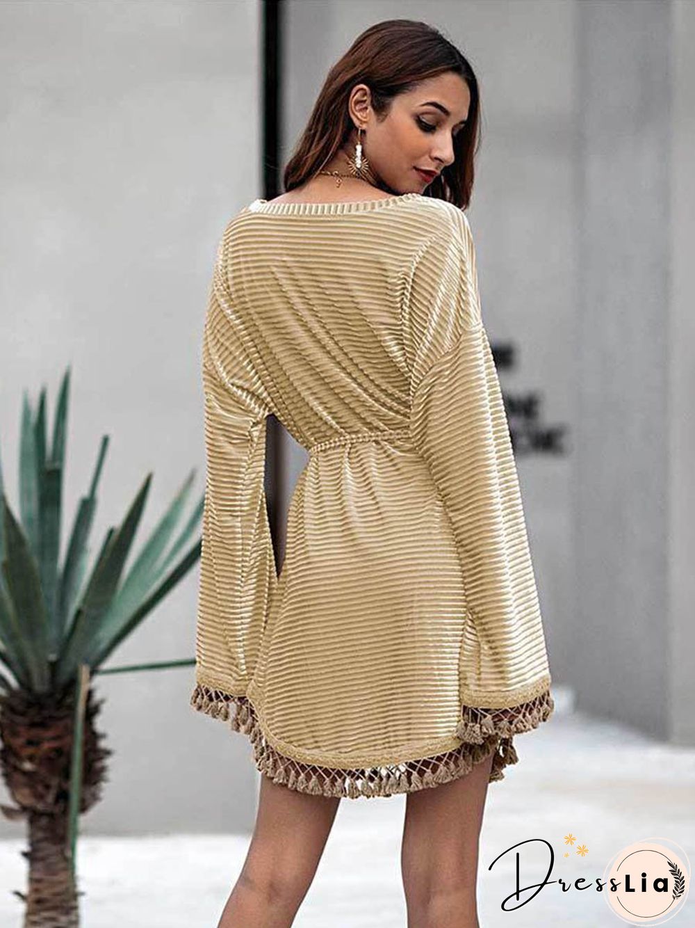 Tassel Round Neck Plain Mini Dress
