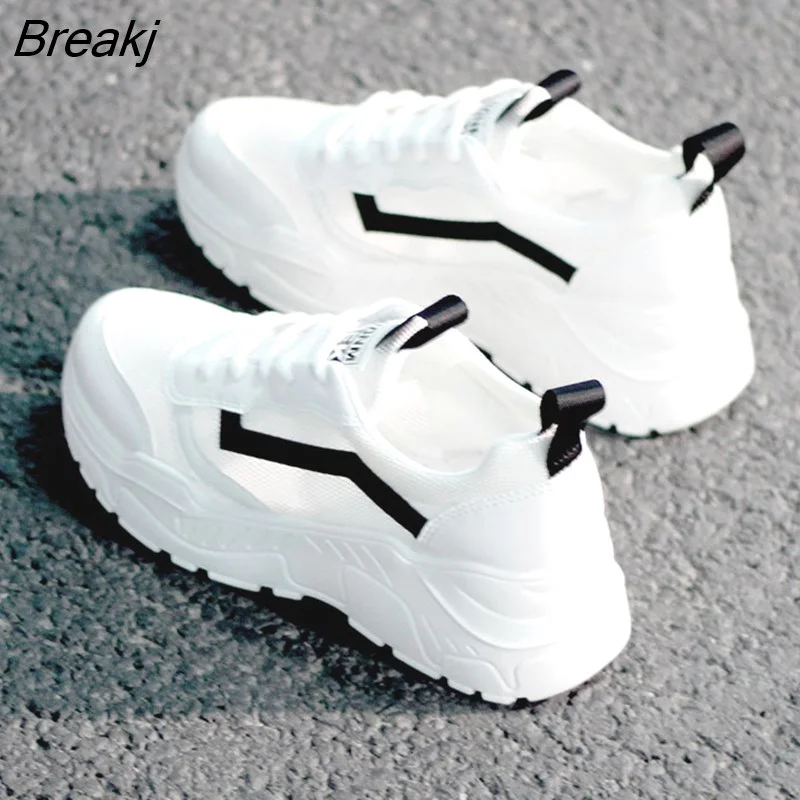 Breakj Women Casual Shoes Fashion Breathable Walking Mesh Lace Up Flat Shoes Sneakers Women 2020 Tenis Feminino White Vulcanized Shoes