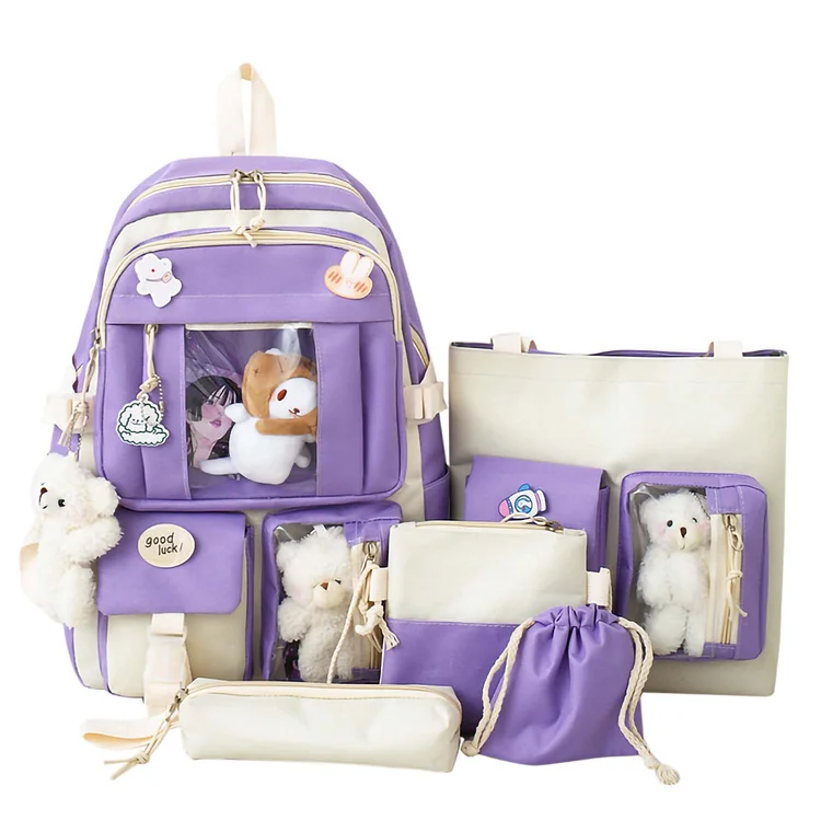 Sanmadrola 5PCS School Backpacks for Girls Cute Plush Bear Girls Backpack Set with Pendants and Pins Accessories Kawaii Laptop Bag Kindergarten School Bags for Girls