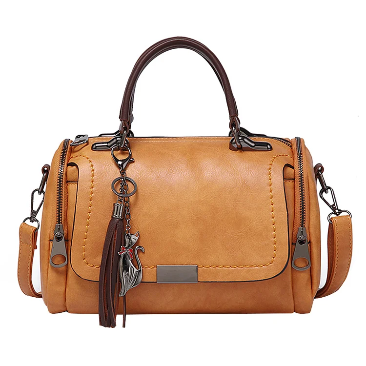 Retro Leather Shoulder Handbag Tassel Women Travel Crossbody Boston Bag (Brown)