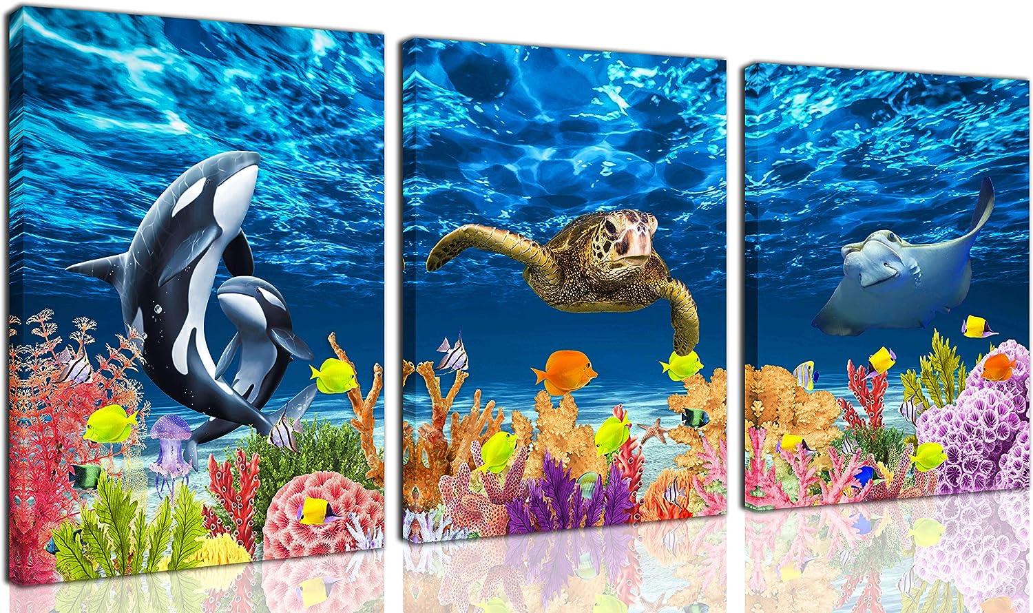 CGXART Bathroom Decor Wall-Art - Sea Turtle Decor - Blue Wall Art for Living Room Killer Whale Mobula Colorful Fish Coral Beach Theme Pictures on Canvas Framed Size 12x16 Inches x3 Pieces 12&#034;x16&#034;x3piece