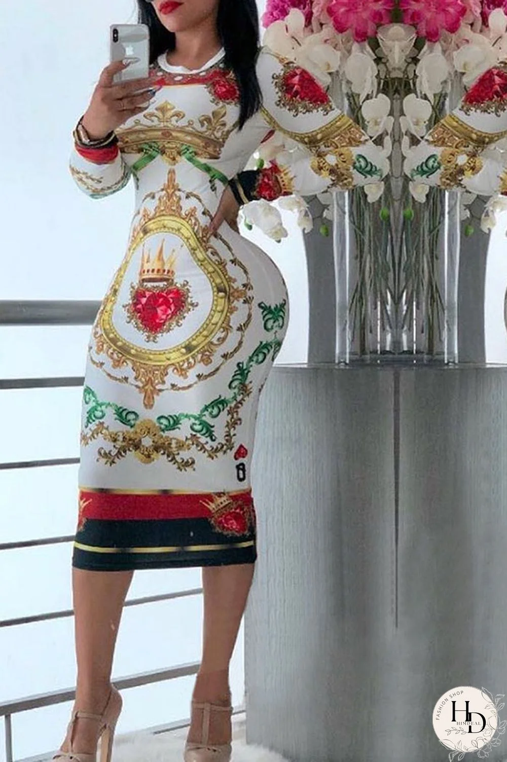 As Show Fashion Long Sleeves O neck Slim Dress Mid-Calf Print Print Dresses