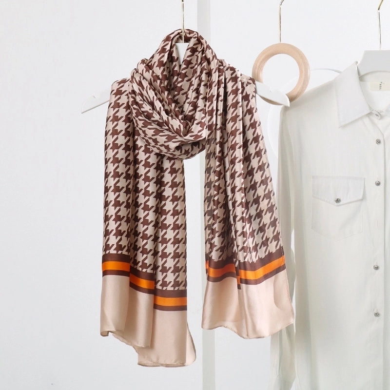 Women’s Fashion Letter Plaid Satin Printing Silk Scarves