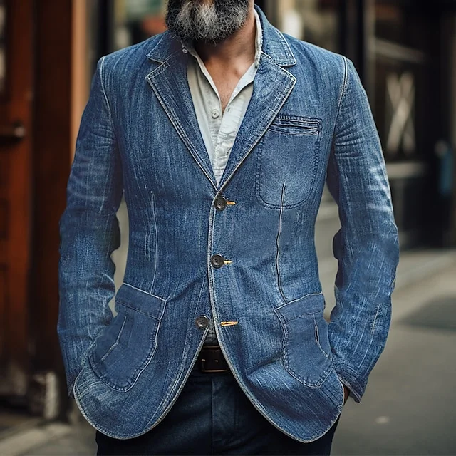 Casual Notch Lapel Flap Pocket Denim Washed Slim Jacket