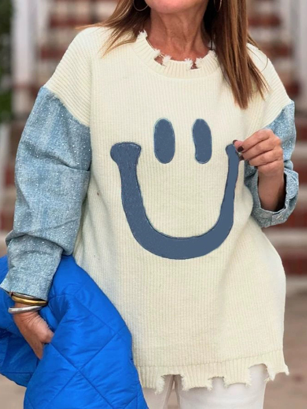Loose Knit Turtleneck Long Sleeve Denim Patchwork Sweater
