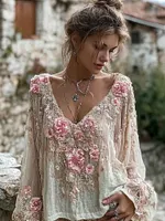 Women's Pink Flower Embroidery Art V Neck Long Sleeve T-shirt