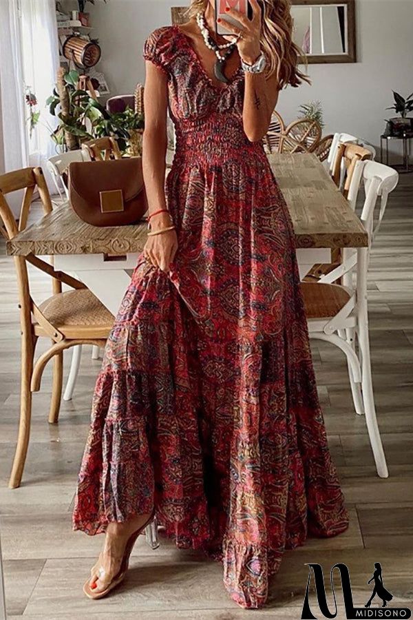 MidiSono - Print V Neck Smocked Maxi Dress
