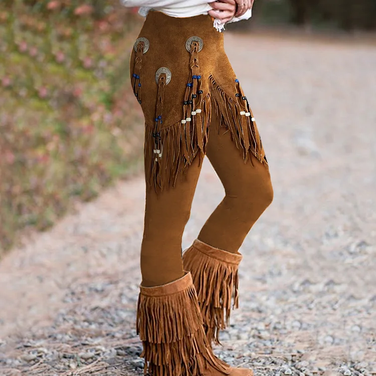 VChics Western Tassels Tribal Print Skinny Leggings