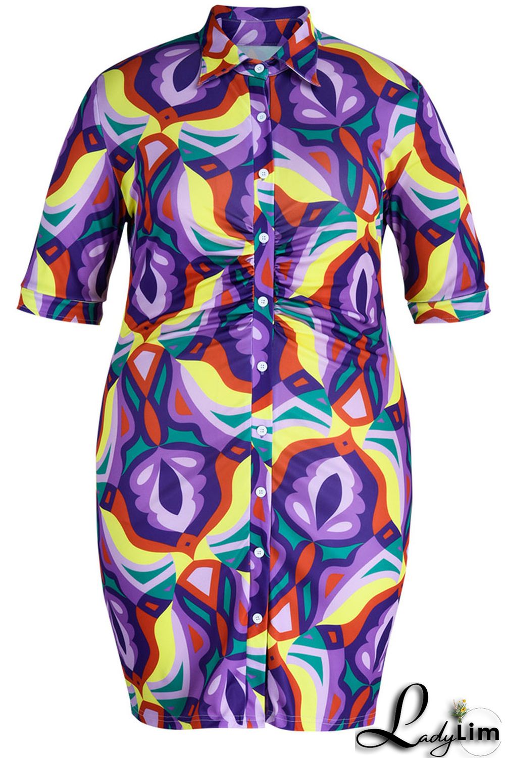Coffee Casual Print Patchwork Buckle Turndown Collar Shirt Dress Plus Size Dresses