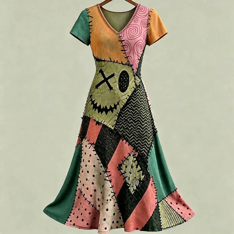 Women's Halloween Color Block Pattern Casual Short-sleeve Dress