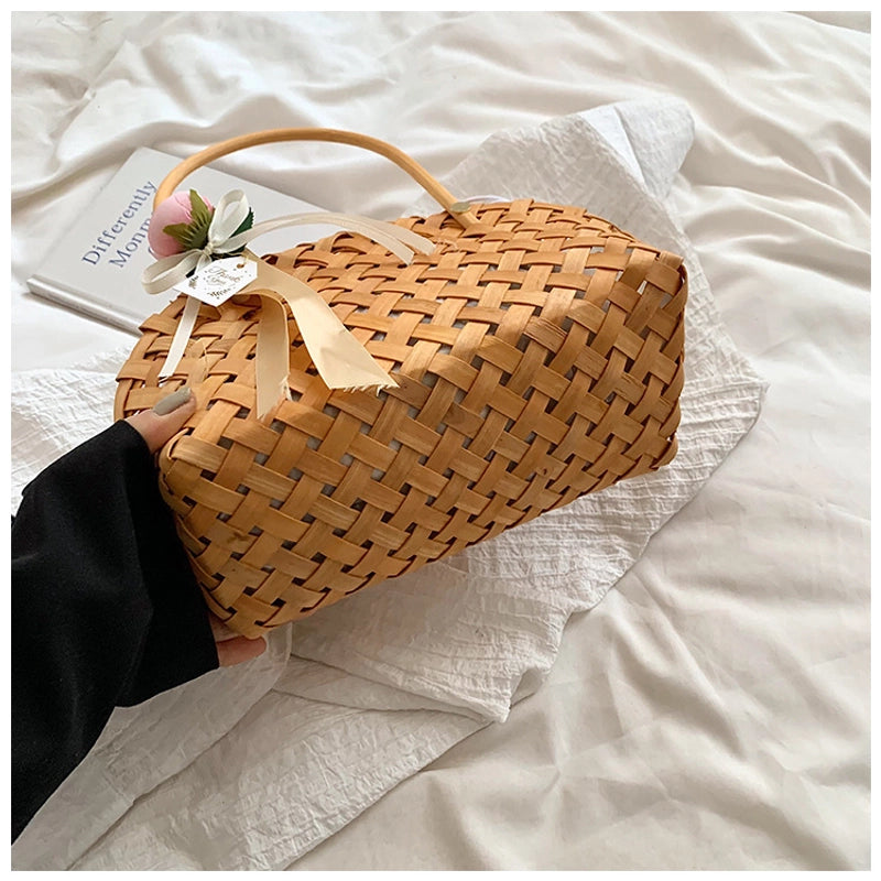 Women’s Small Straw Solid Color Vacation Beach Weave String Straw Bag