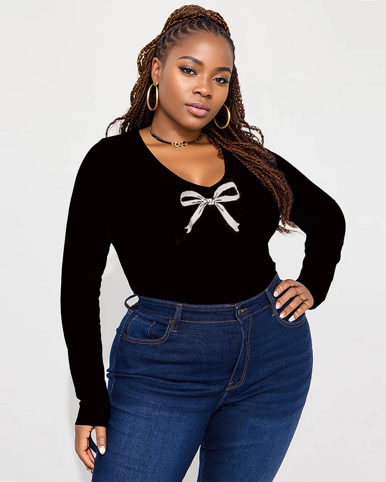 Women's Plus Size Simple V-Neck Tight Bow Tie Print Long Sleeve T-Shirt