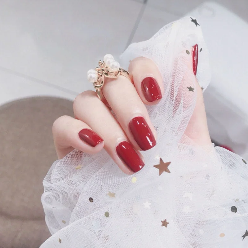 24pcs With 2g Glue  Red false nail tips Square Medium Length Detachable faux nails  Manicure Artificial Nail Patches fake nails-Nail Inspo