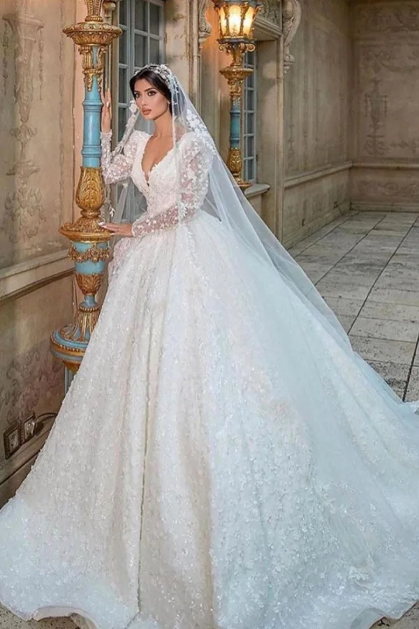 A Line Deep V neck 3D Lace Long Sleeves Romantic Wedding Dress with Court  Train QW2227