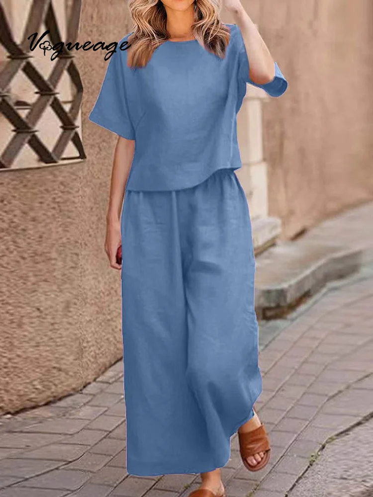 Solid Color Short-Sleeved T-Shirt Wide-Leg Pants Cotton And Linen Women's Two-Piece Suit