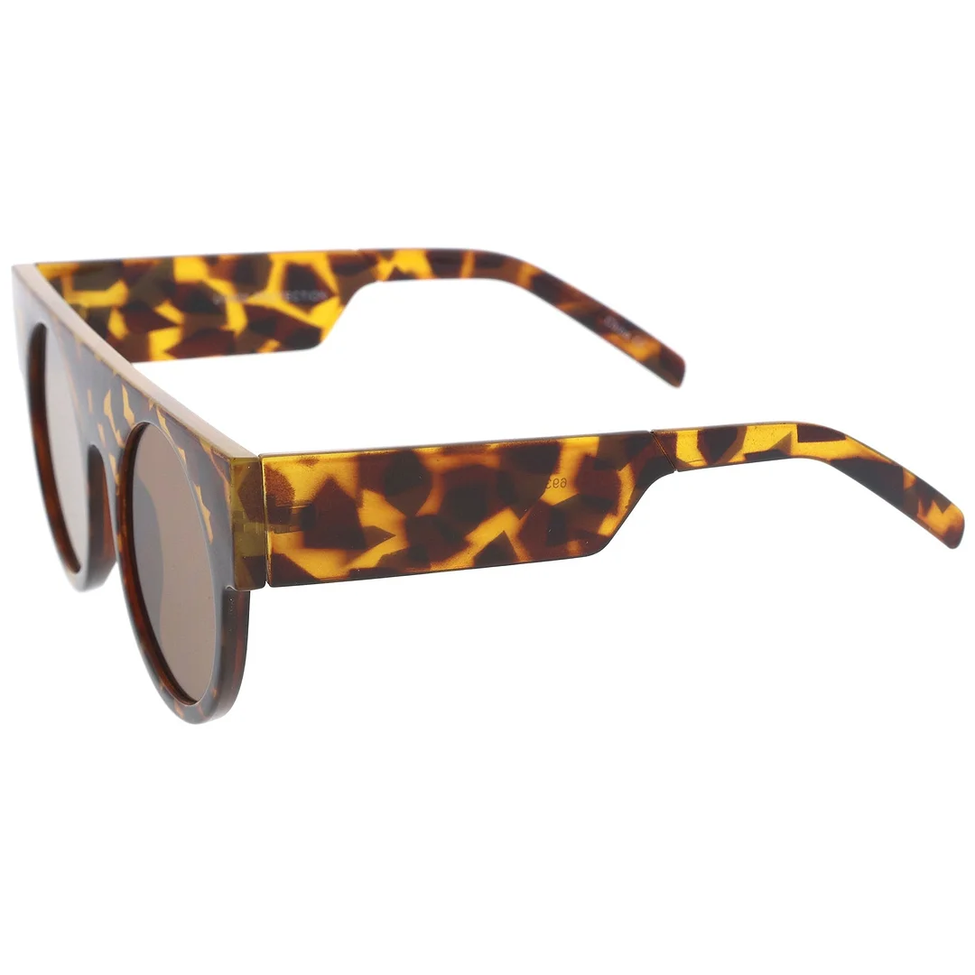 Futuristic Flat Top Wide Temple Flat Lens Round glasses 47mm