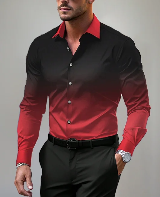 Fashion Turndown Collar Ombre Print Long Sleeve Shirt 