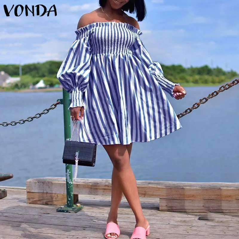 Party Dress VONDA Vintage Striped Dresses Sexy Off Shoulder Puff Sleeve Sundress Women Bohemian Vestidos Oversized Robe Femme