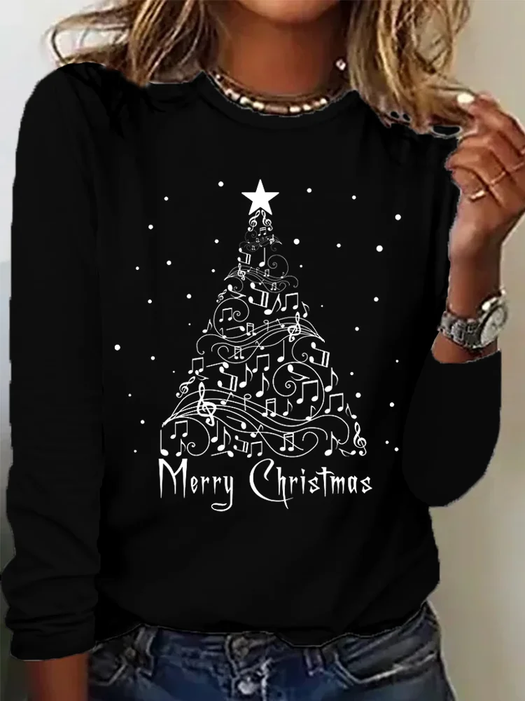 Women's Casual Music Note Christmas Tree Simple T-shirt