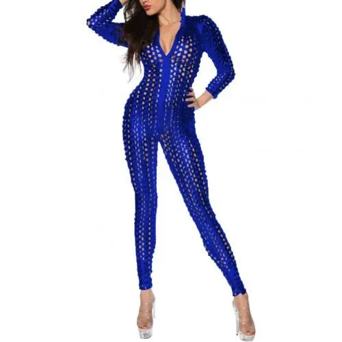Women Mesh Hole Zipper Faux Patent Leather Tight Jumpsuit Nightclub Bodysuit faux patent leather and one-piece jumpsuit design