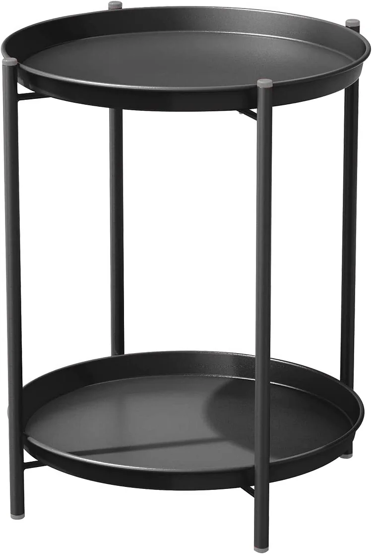 Steel Patio Side Table 2-Tier Weather Resistant Outdoor Round End Table Black