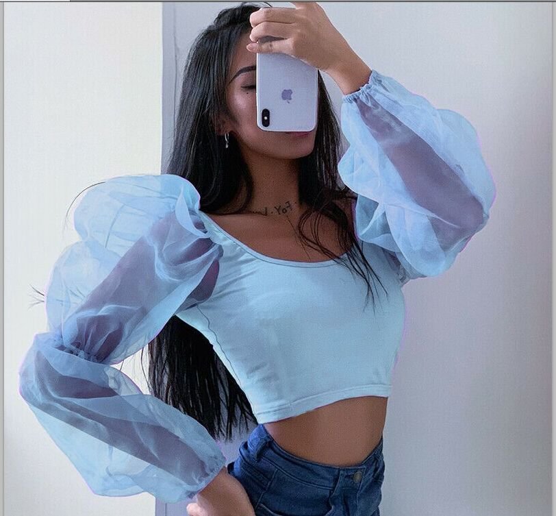 New Sexy Mesh See Through Perspective Lantern Long Sleeve Crop Tops Women Backless Patchwork Slim U-Neck T-Shirt Tees Not Sale