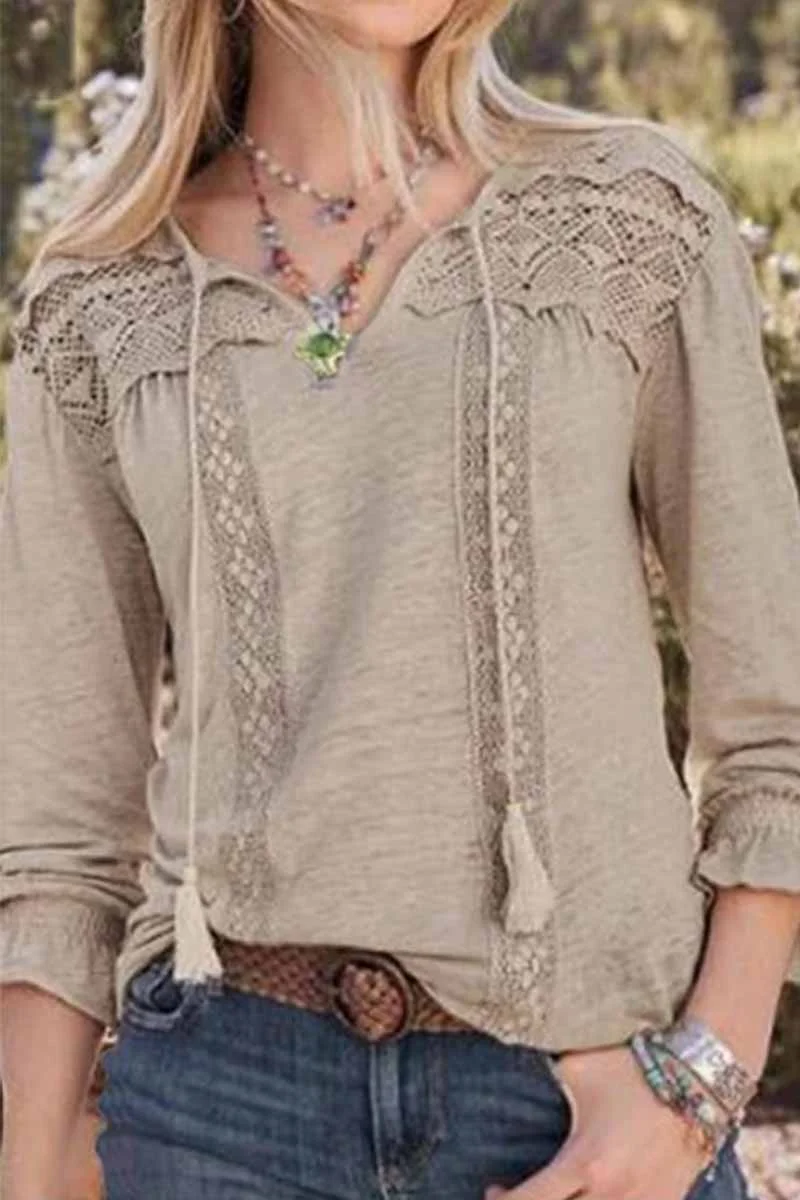Abebey Casual Solid Color Lace Hollow V-neck Tops