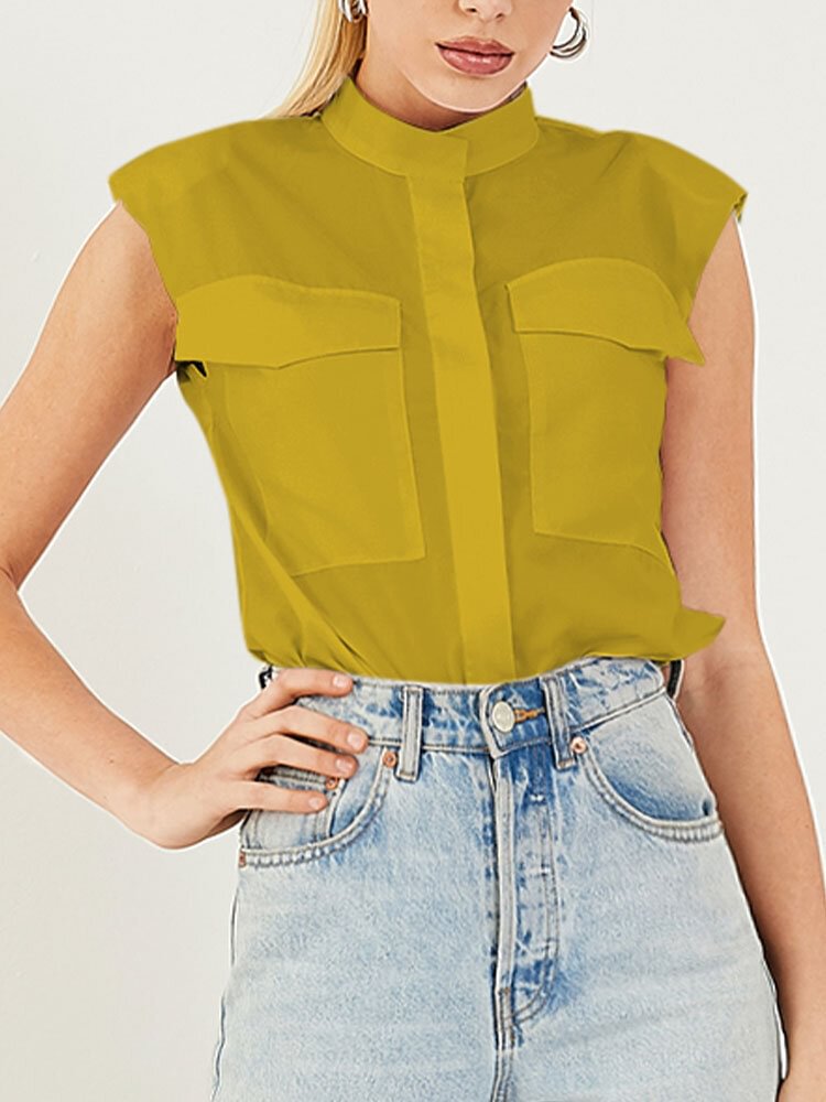 Solid Color Button Pockets Stand Collar Sleeveless Blouse For Women P1820393