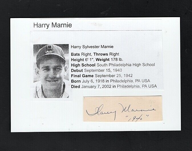 1940/42 HARRY MARNIE-PHILLIES 4X6 OBSCURE AUTOGRAPHED CUT W/ Photo Poster painting-d.2002