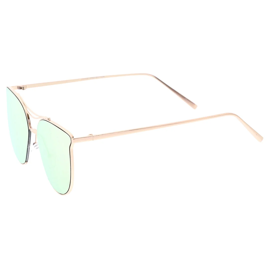 Modern Metal Cat Eye glasses With Double Nose Bridge Round Mirrored Flat Lens 55mm