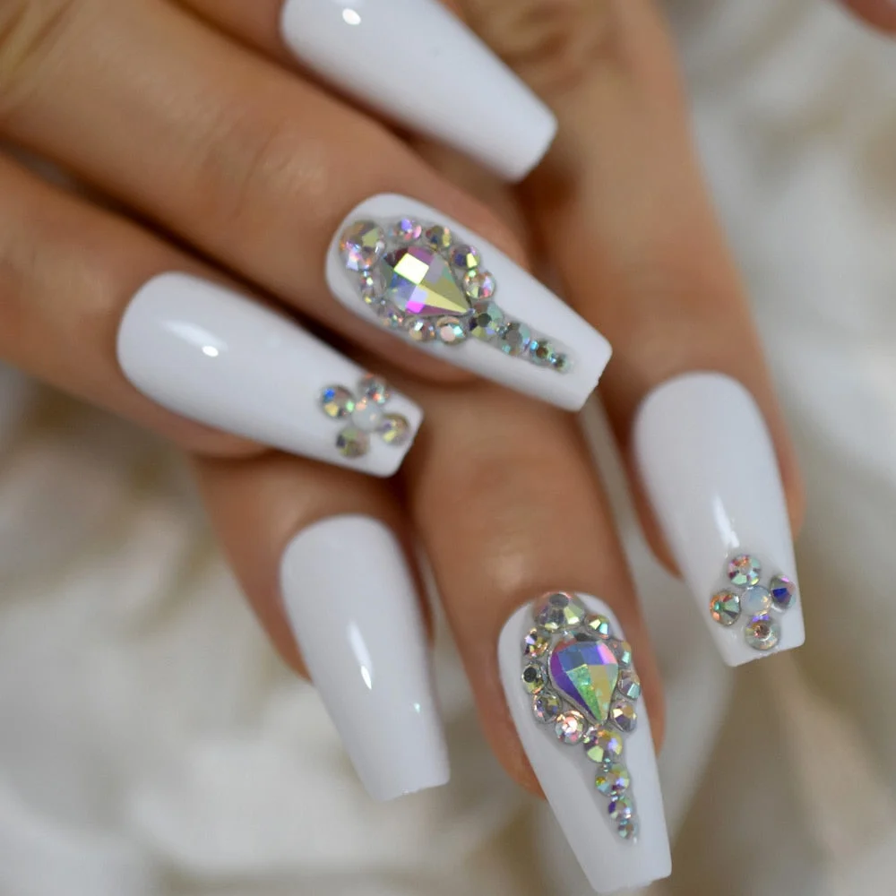 Salon Perfect Artificial Nails 3D Rhinestones Decorative White Nude Faux Ongles Long Ballerina Trapezoid Tips-Nail Inspo