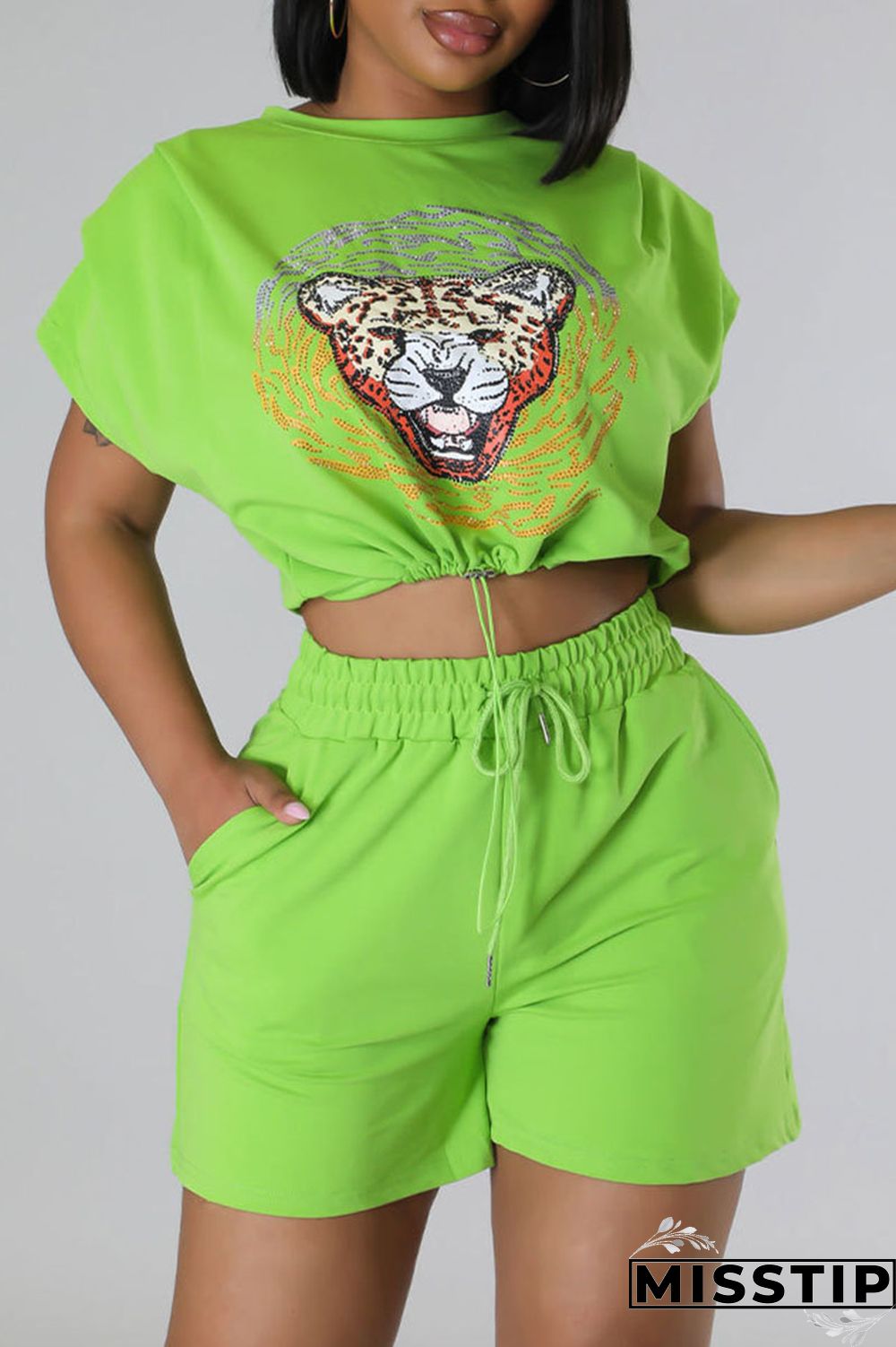 Green Casual Print Patchwork Draw String O Neck Short Sleeve Two Pieces