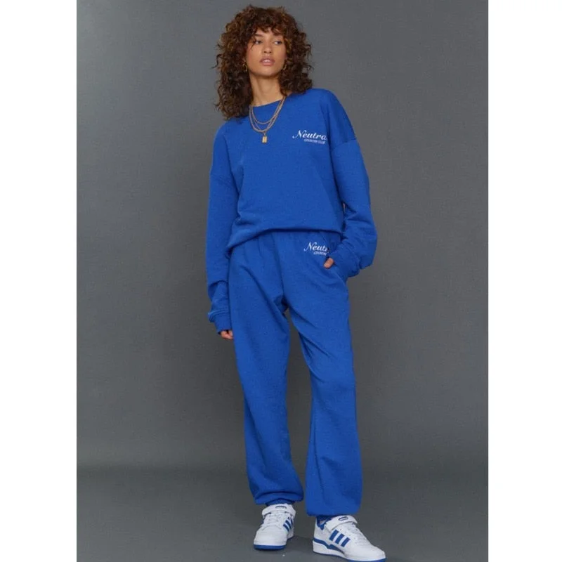 Neutrals Letter 2 Piece Set Women Tracksuit Blue Oversized Sweatshirt Loose Sweatpants Jaded Casual London Jogger Man Pants Suit