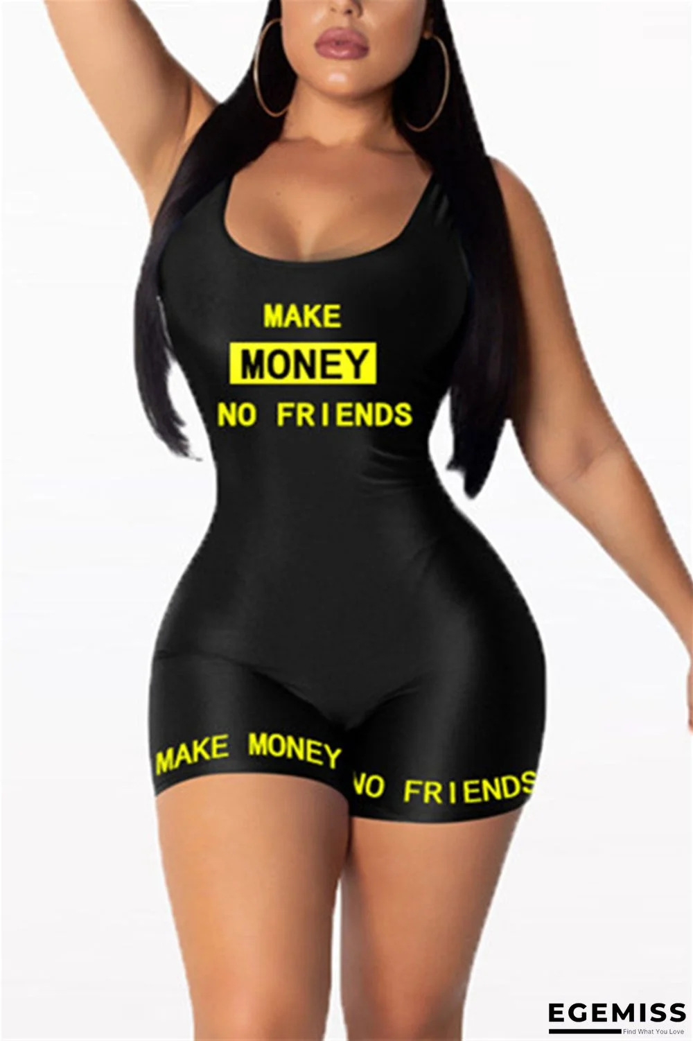 Black Fashion Letter Printed Sleeveless Sports Romper | EGEMISS