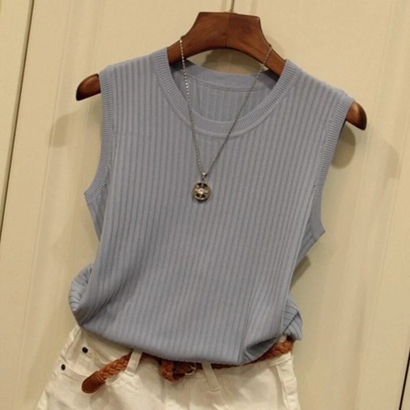 Summer O-neck Solid Casual Tank Fashion Female Sleeveless Thin Tops Knitted Vests Women Top Blusas Mujer De Moda 2021 4588 50