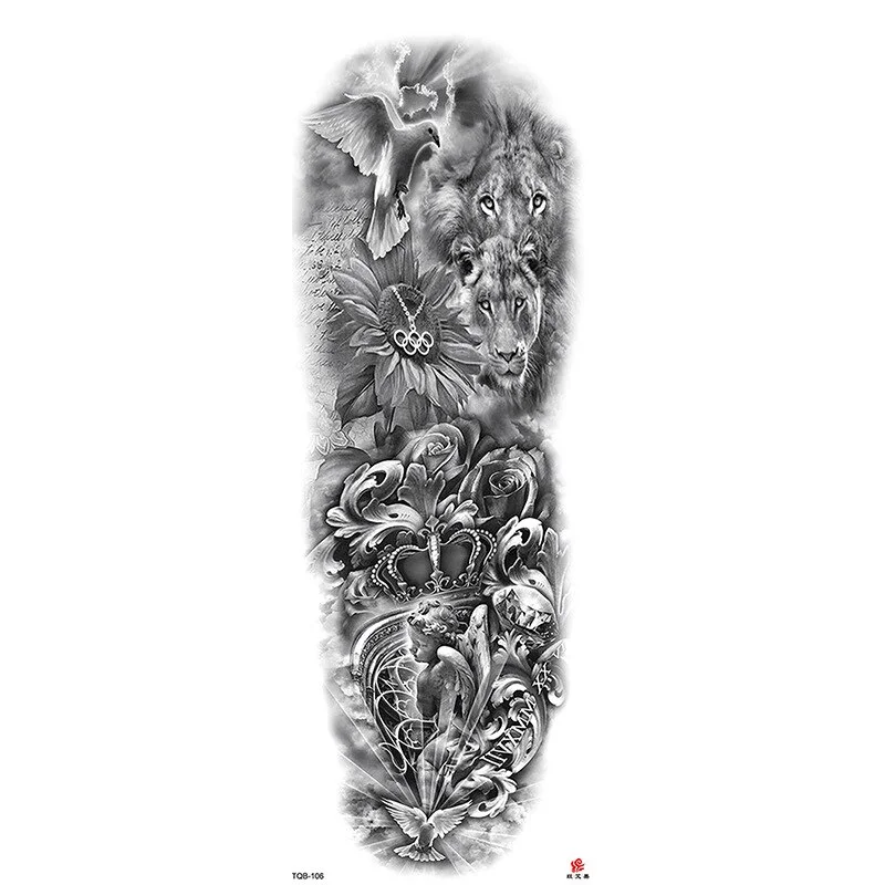 Sdrawing Arm Temporary Tattoos Sleeve for Men Women Realistic Fake Tatoo Warrior Lion Mechanical Skull Wolf Rose Tatto Sticker Totem