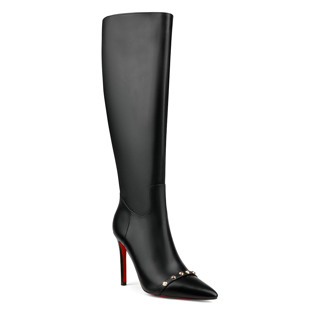 100mm Women's Fashion Zipper Leather High Heels Knee Boots Red Bottom Shoes-MERUMOTE